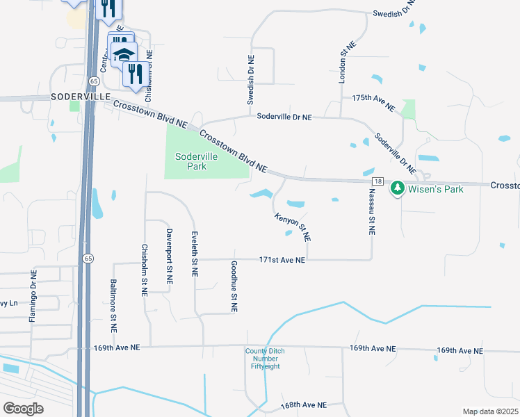 map of restaurants, bars, coffee shops, grocery stores, and more near 17230 Kenyon Street Northeast in Ham Lake