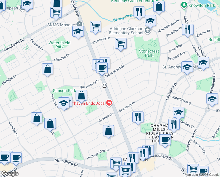 map of restaurants, bars, coffee shops, grocery stores, and more near in Ottawa