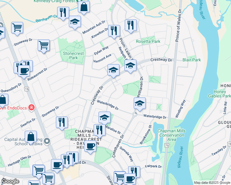 map of restaurants, bars, coffee shops, grocery stores, and more near 127 Oldfield Street in Ottawa