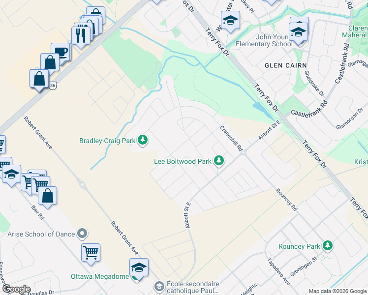 map of restaurants, bars, coffee shops, grocery stores, and more near 535 Honeylocust Avenue in Ottawa
