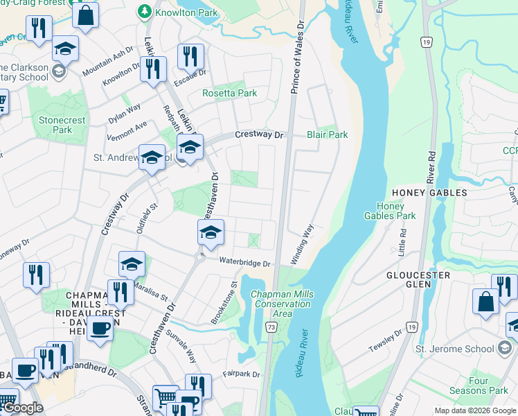 map of restaurants, bars, coffee shops, grocery stores, and more near 84 Selhurst Avenue in Ottawa