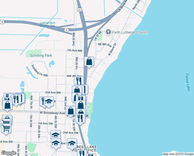 map of restaurants, bars, coffee shops, grocery stores, and more near 149 Northeast 4th Avenue in Forest Lake