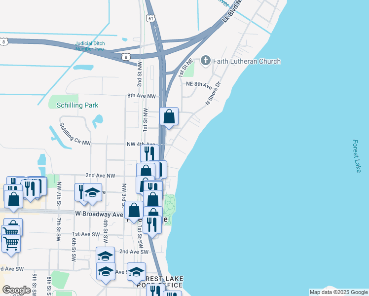 map of restaurants, bars, coffee shops, grocery stores, and more near 149 Northeast 4th Avenue in Forest Lake