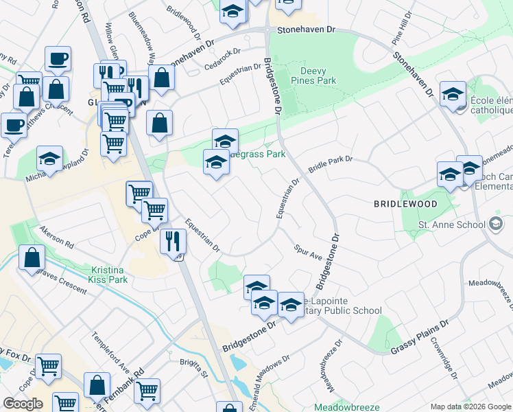 map of restaurants, bars, coffee shops, grocery stores, and more near 18 Bluegrass Drive in Ottawa
