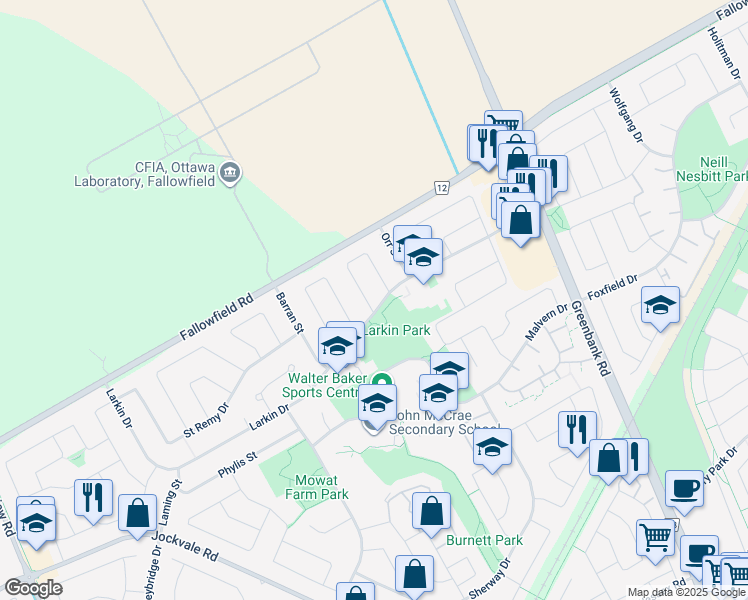 map of restaurants, bars, coffee shops, grocery stores, and more near 30 Barrhaven Crescent in Ottawa