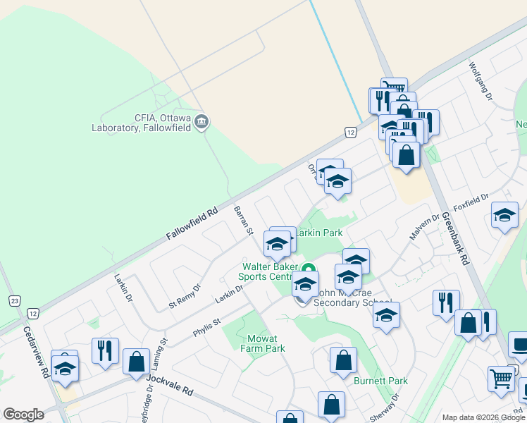 map of restaurants, bars, coffee shops, grocery stores, and more near 26 Ettrick Crescent in Ottawa