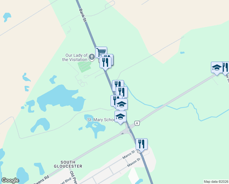map of restaurants, bars, coffee shops, grocery stores, and more near 5437 Ottawa Regional Road 31 in Ottawa