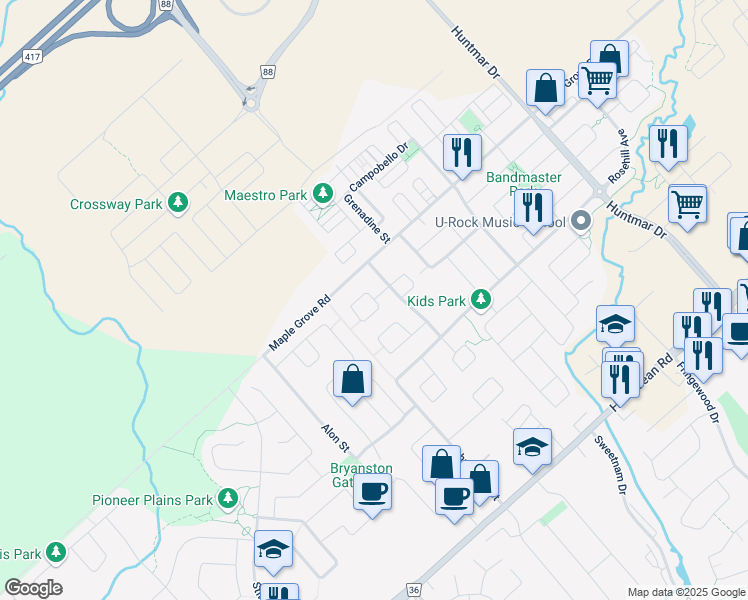 map of restaurants, bars, coffee shops, grocery stores, and more near Sweetbay Circle in Ottawa