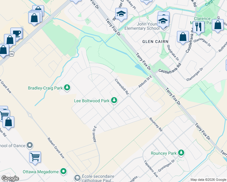 map of restaurants, bars, coffee shops, grocery stores, and more near 225 Ponderosa Street in Ottawa