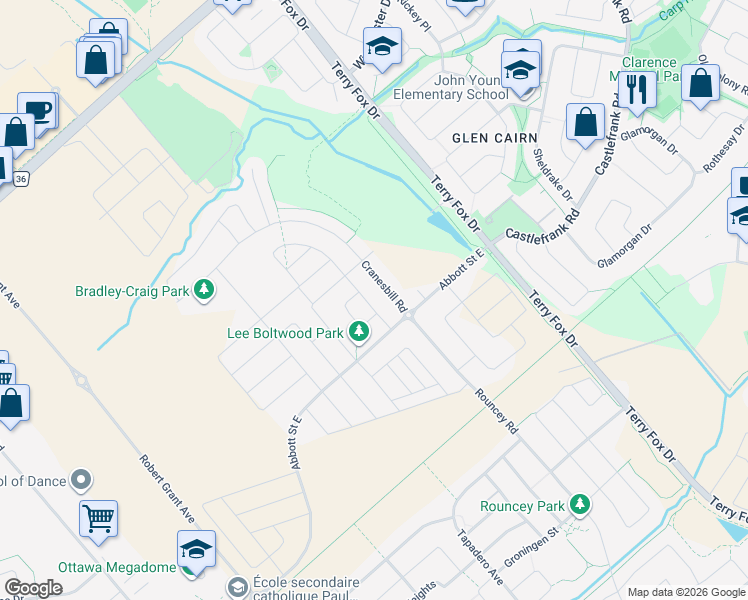 map of restaurants, bars, coffee shops, grocery stores, and more near 216 Ponderosa Street in Ottawa