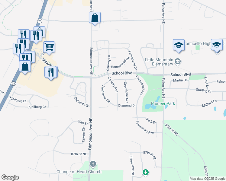 map of restaurants, bars, coffee shops, grocery stores, and more near 9139 Country Avenue in Monticello