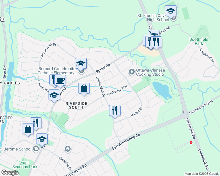 map of restaurants, bars, coffee shops, grocery stores, and more near 440 Grey Seal Circle in Ottawa