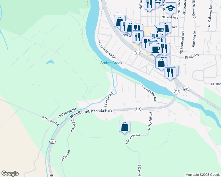 map of restaurants, bars, coffee shops, grocery stores, and more near 22341 South Poplar Road in Estacada