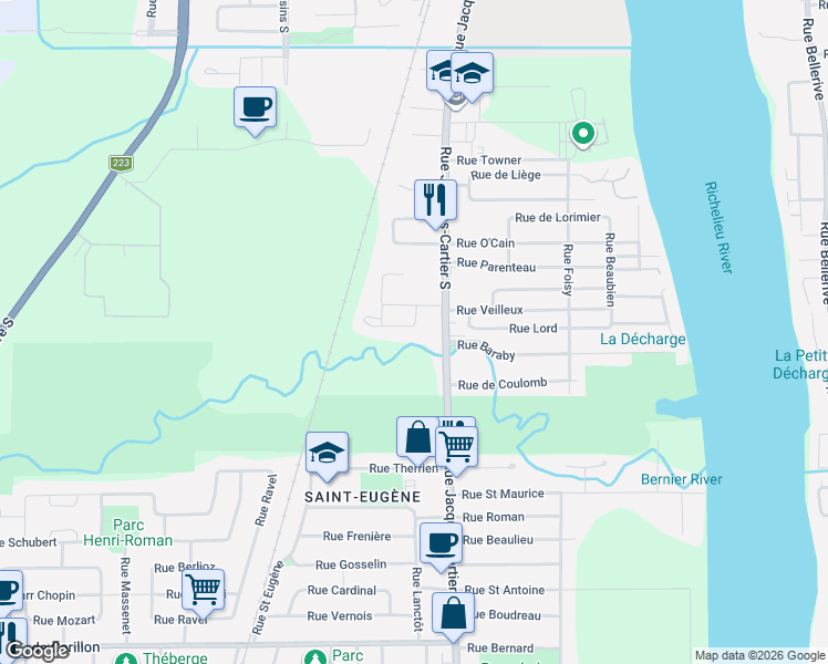 map of restaurants, bars, coffee shops, grocery stores, and more near 166 Rue Joseph-Doyon in Saint-Jean-sur-Richelieu