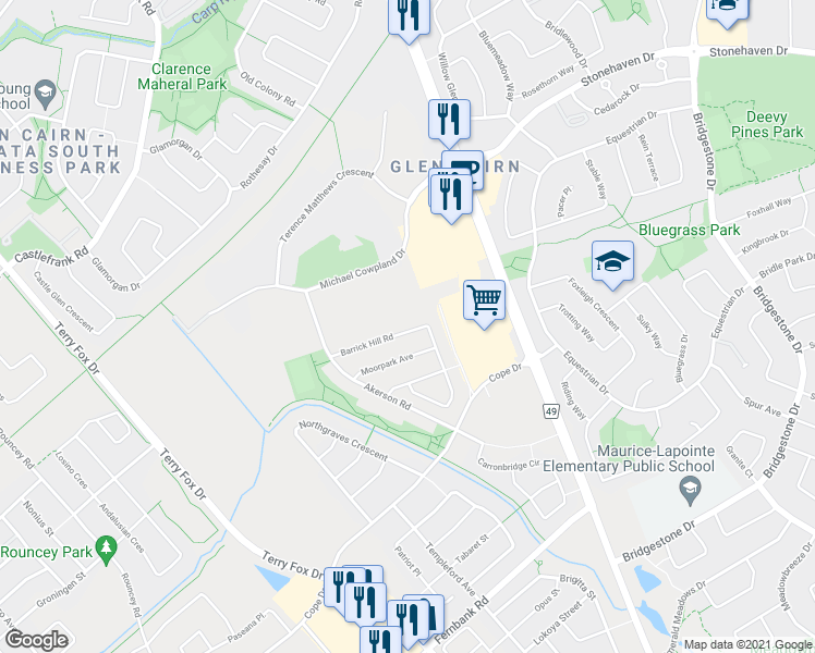 map of restaurants, bars, coffee shops, grocery stores, and more near 468 Barrick Hill Road in Ottawa