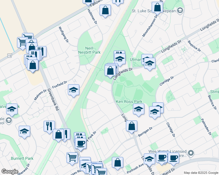 map of restaurants, bars, coffee shops, grocery stores, and more near in Nepean