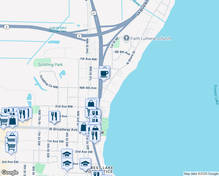 map of restaurants, bars, coffee shops, grocery stores, and more near 149 Northeast 4th Avenue in Forest Lake