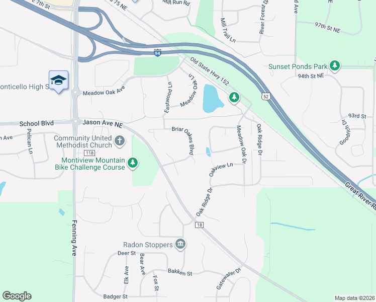 map of restaurants, bars, coffee shops, grocery stores, and more near 2518 Briar Oakes Boulevard in Monticello