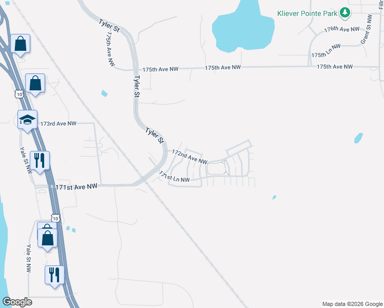 map of restaurants, bars, coffee shops, grocery stores, and more near 10584 172nd Lane Northwest in Elk River