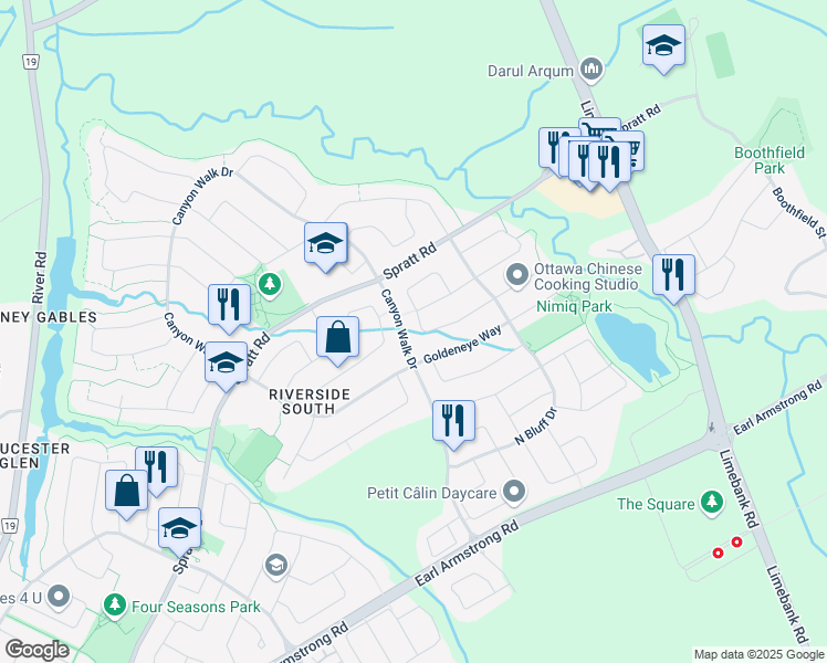 map of restaurants, bars, coffee shops, grocery stores, and more near 414 Grey Seal Circle in Ottawa