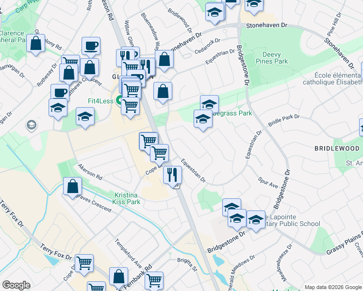 map of restaurants, bars, coffee shops, grocery stores, and more near 8 Trotting Way in Ottawa