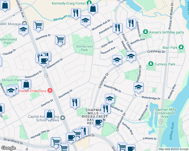 map of restaurants, bars, coffee shops, grocery stores, and more near 54 Astoria Crescent in Ottawa