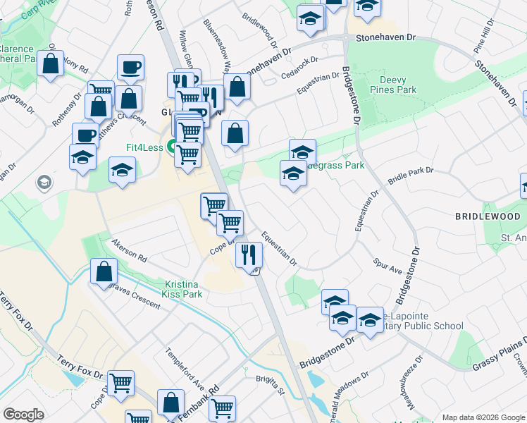 map of restaurants, bars, coffee shops, grocery stores, and more near 8 Trotting Way in Ottawa
