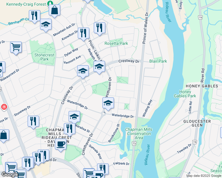 map of restaurants, bars, coffee shops, grocery stores, and more near 37 Cresthaven Drive in Ottawa