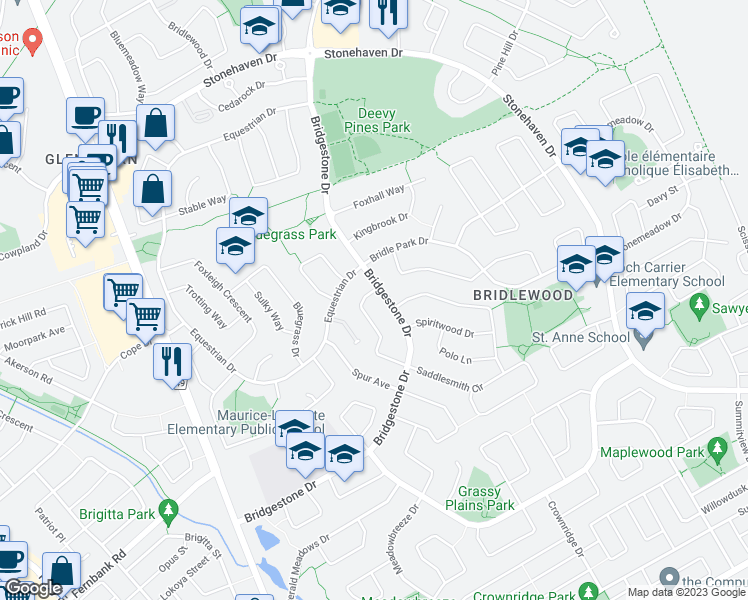 map of restaurants, bars, coffee shops, grocery stores, and more near 206 Waymark Crescent in Ottawa