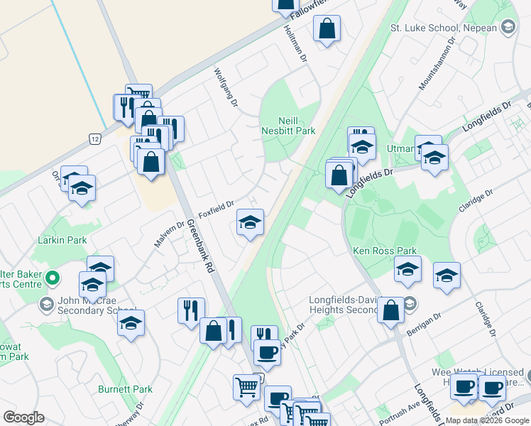 map of restaurants, bars, coffee shops, grocery stores, and more near 11 Foxhill Way in Ottawa