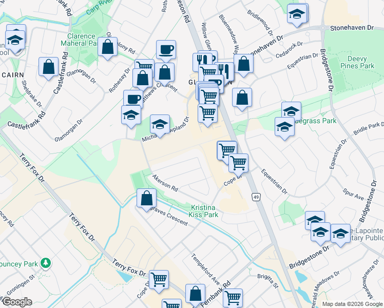 map of restaurants, bars, coffee shops, grocery stores, and more near 468 Barrick Hill Road in Ottawa