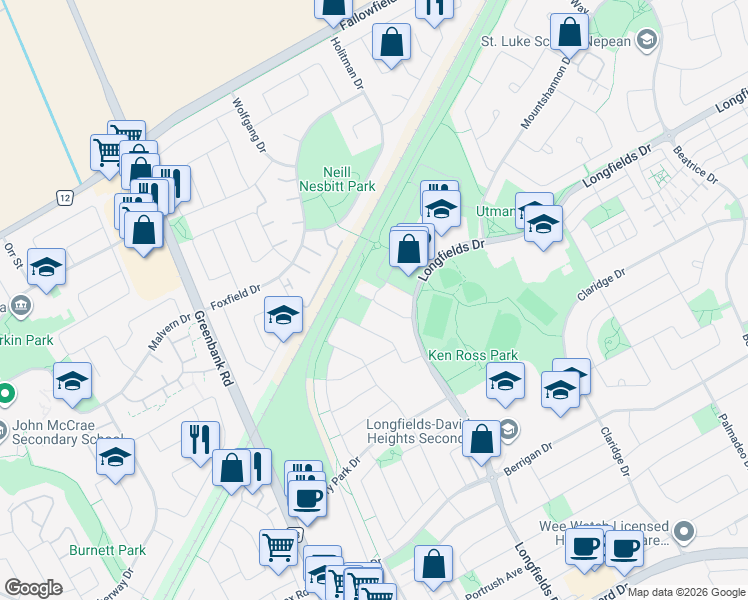 map of restaurants, bars, coffee shops, grocery stores, and more near 335 Via Chianti Grove in Ottawa