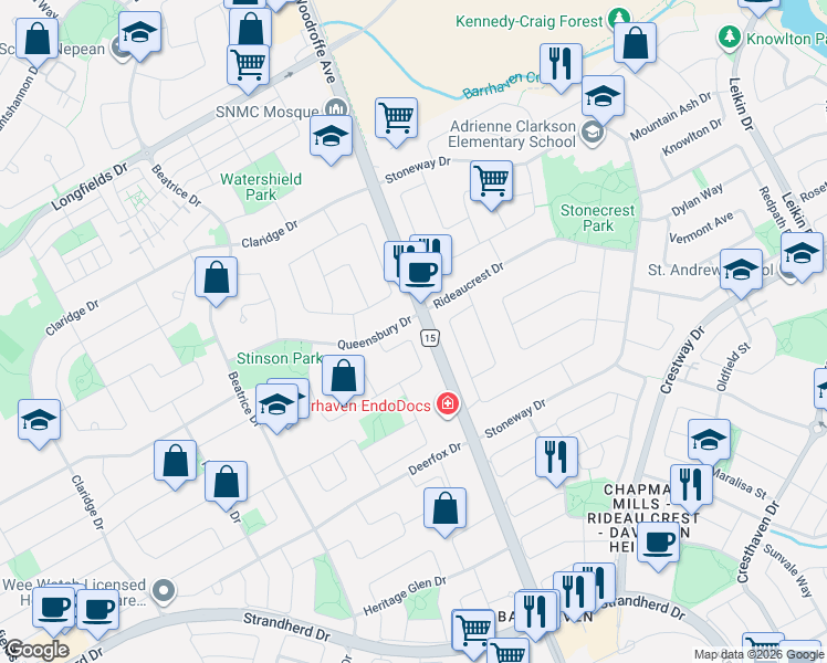 map of restaurants, bars, coffee shops, grocery stores, and more near 29 Grenadier Way in Ottawa