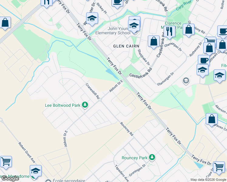 map of restaurants, bars, coffee shops, grocery stores, and more near 4802 Abbott Street East in Ottawa