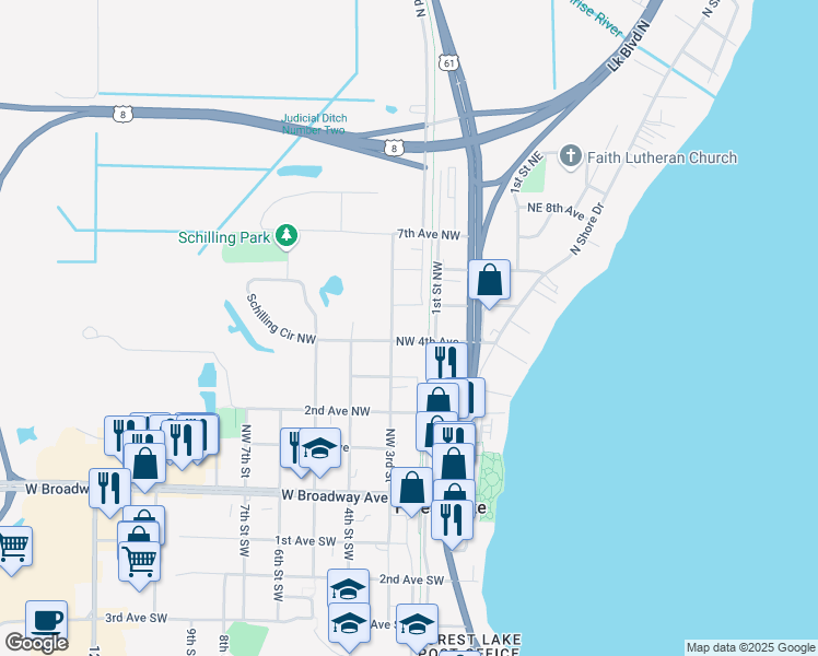 map of restaurants, bars, coffee shops, grocery stores, and more near 231 Northwest 4th Avenue in Forest Lake