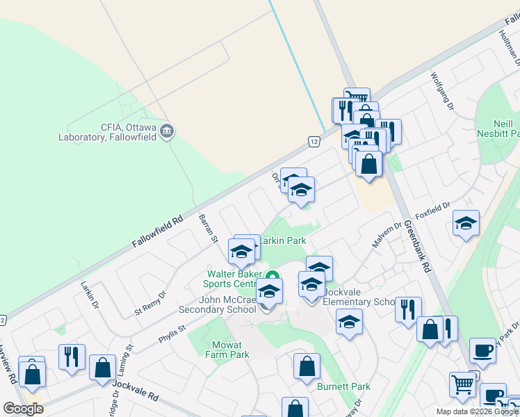 map of restaurants, bars, coffee shops, grocery stores, and more near 22 Barrhaven Crescent in Ottawa