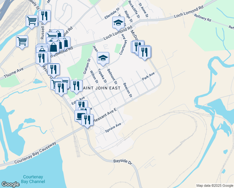 map of restaurants, bars, coffee shops, grocery stores, and more near Park Avenue in Saint John