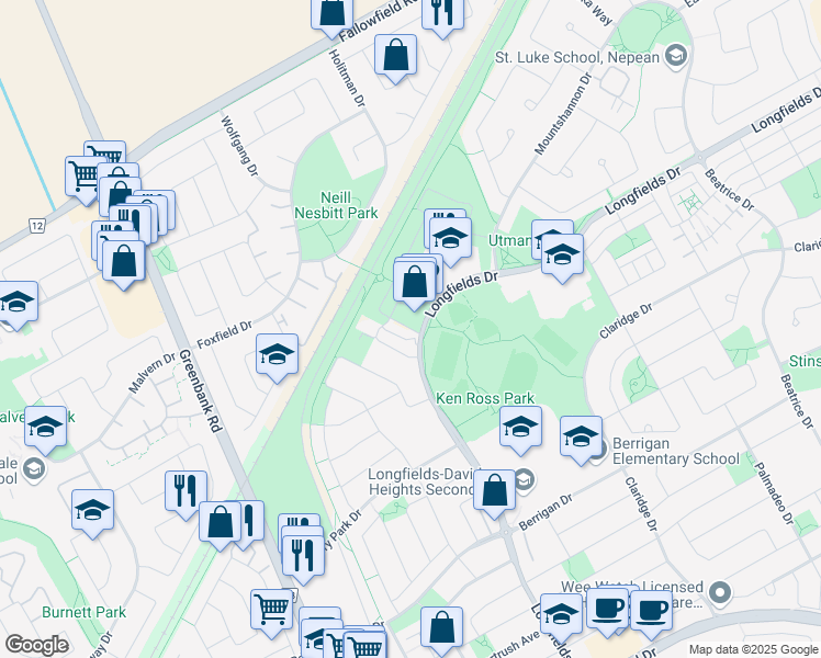 map of restaurants, bars, coffee shops, grocery stores, and more near 520 Via Campanale Avenue in Ottawa