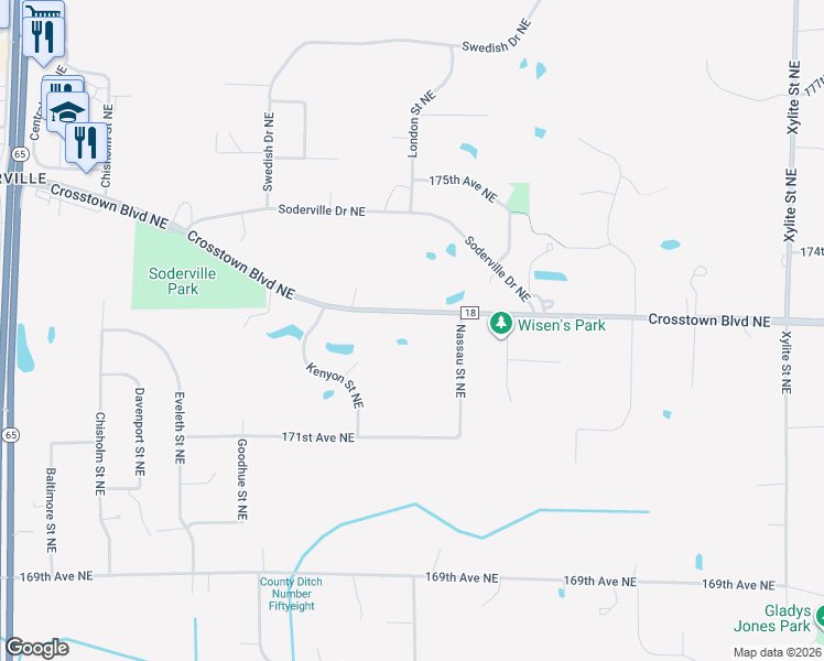 map of restaurants, bars, coffee shops, grocery stores, and more near 2020 Crosstown Boulevard Northeast in Ham Lake