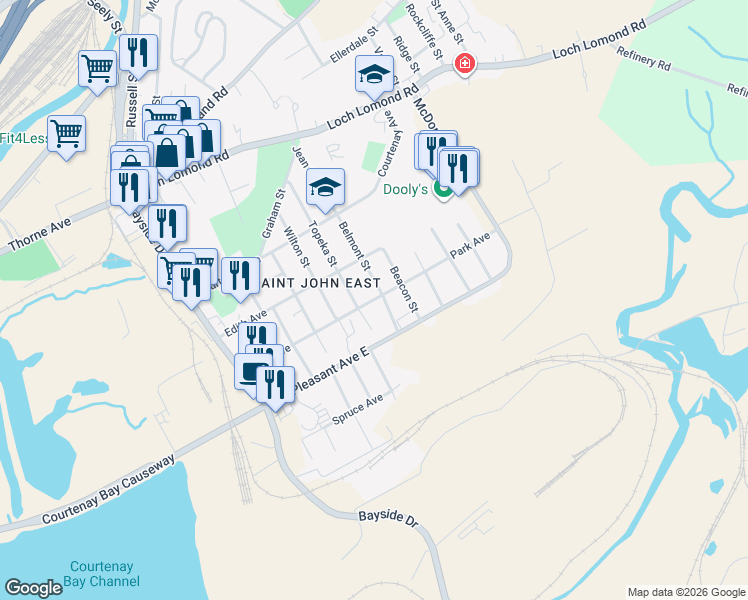 map of restaurants, bars, coffee shops, grocery stores, and more near Park Avenue in Saint John