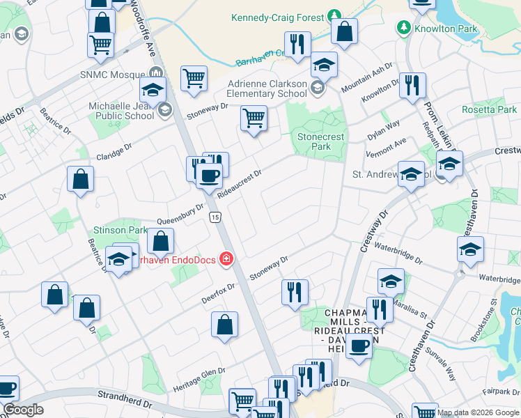 map of restaurants, bars, coffee shops, grocery stores, and more near 63 Newborough Crescent in Ottawa