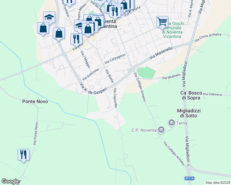 map of restaurants, bars, coffee shops, grocery stores, and more near 11 Via Capovilla in Noventa Vicentina
