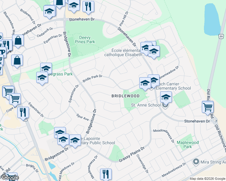 map of restaurants, bars, coffee shops, grocery stores, and more near 57 Rivergreen Crescent in Ottawa