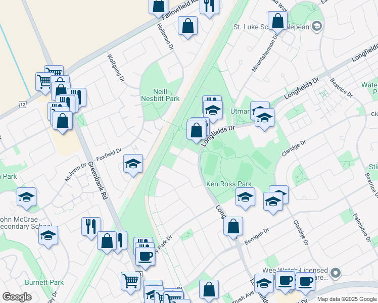 map of restaurants, bars, coffee shops, grocery stores, and more near in Nepean