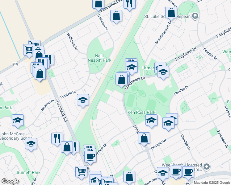 map of restaurants, bars, coffee shops, grocery stores, and more near in Nepean