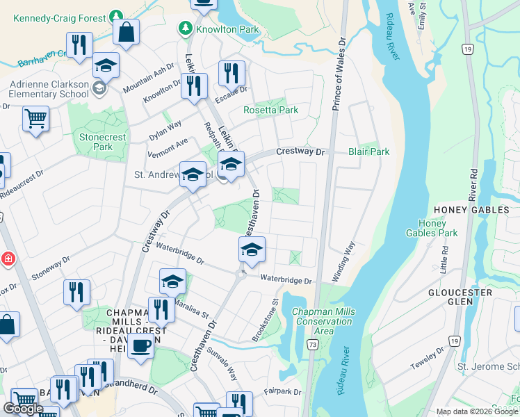 map of restaurants, bars, coffee shops, grocery stores, and more near 29 D Cresthaven Drive in Ottawa