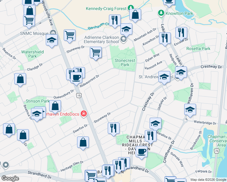 map of restaurants, bars, coffee shops, grocery stores, and more near 84 Newborough Crescent in Ottawa