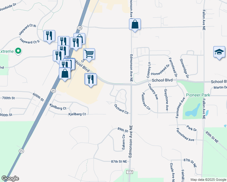 map of restaurants, bars, coffee shops, grocery stores, and more near 9166 Orchard Circle in Monticello