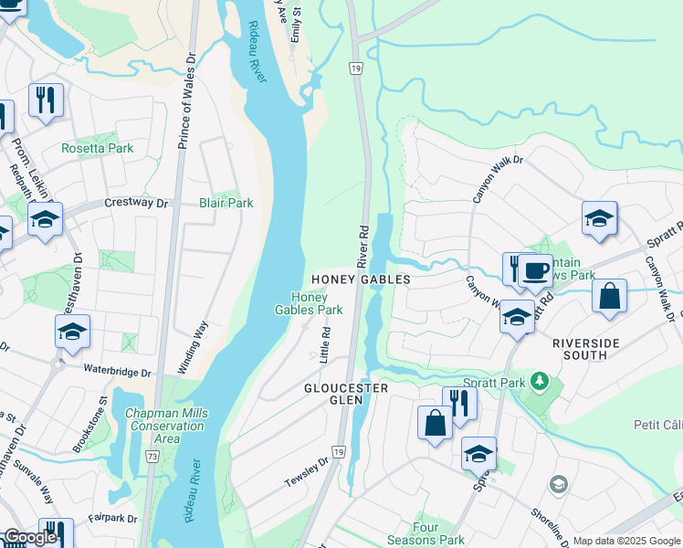 map of restaurants, bars, coffee shops, grocery stores, and more near 8 Ryeburn Drive in Ottawa