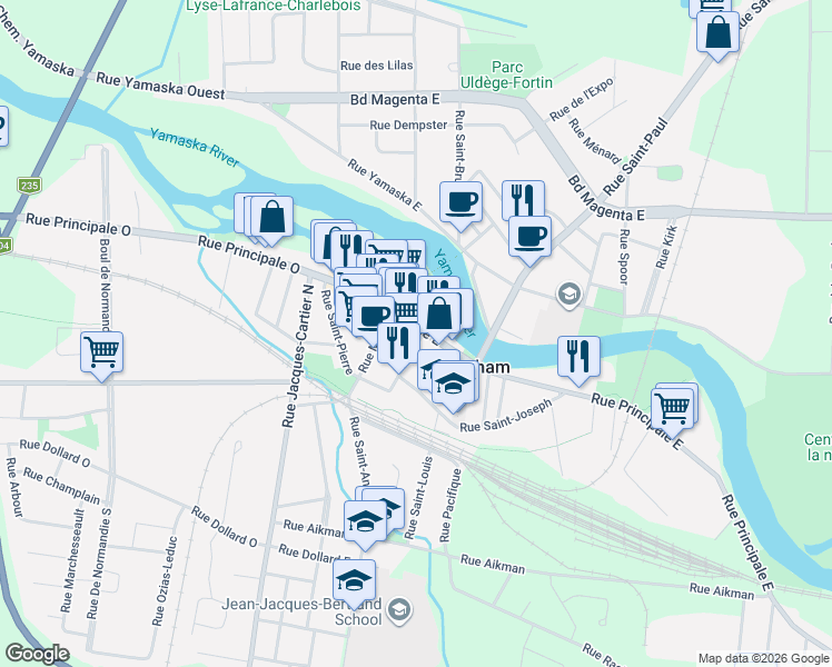 map of restaurants, bars, coffee shops, grocery stores, and more near 282 Rue Principale Est in Farnham